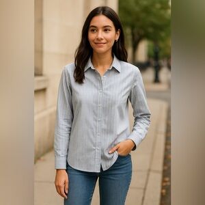 Garnet Hill Blue & White Nautical Stripe Button Up Organic Pima Cotton Shirt 10